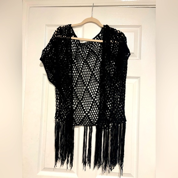 Sweaters - Black Fringe Open-Knit Sweater